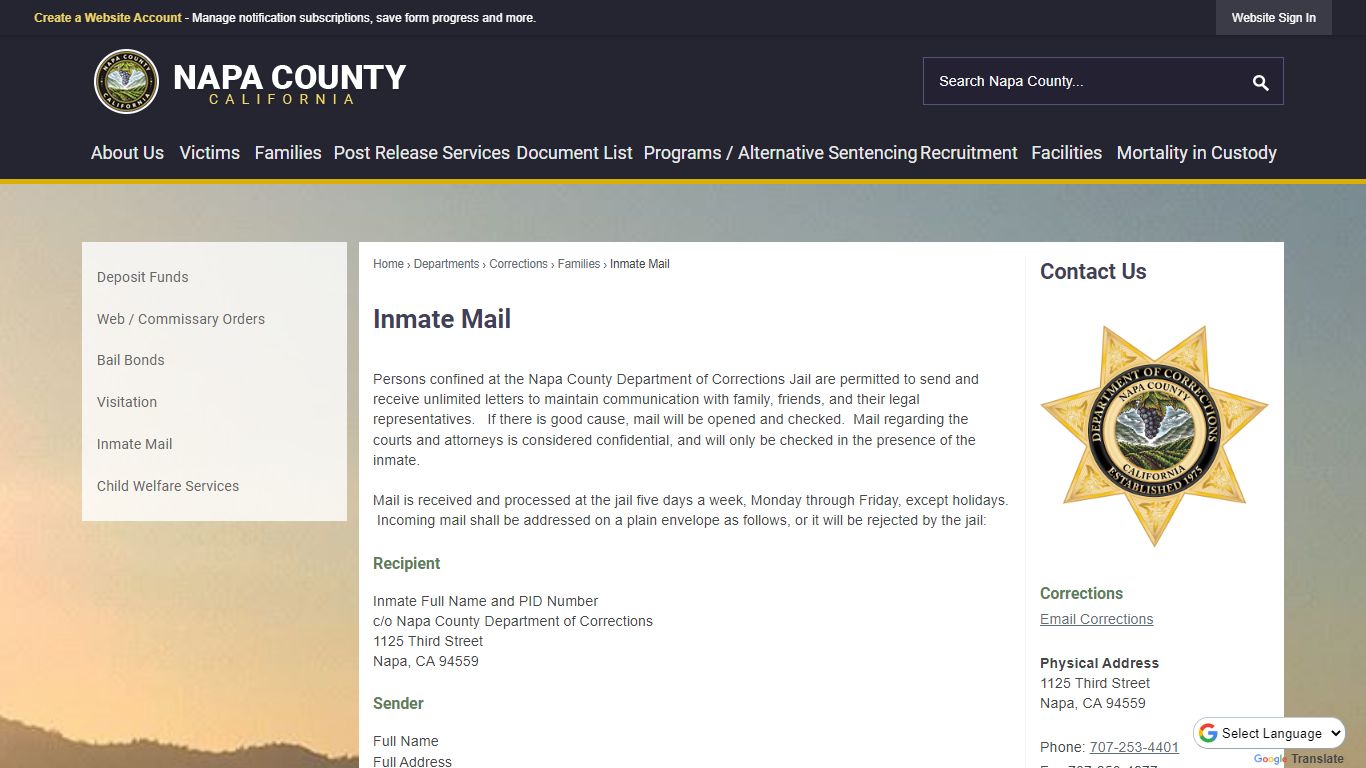 Inmate Mail | Napa County, CA